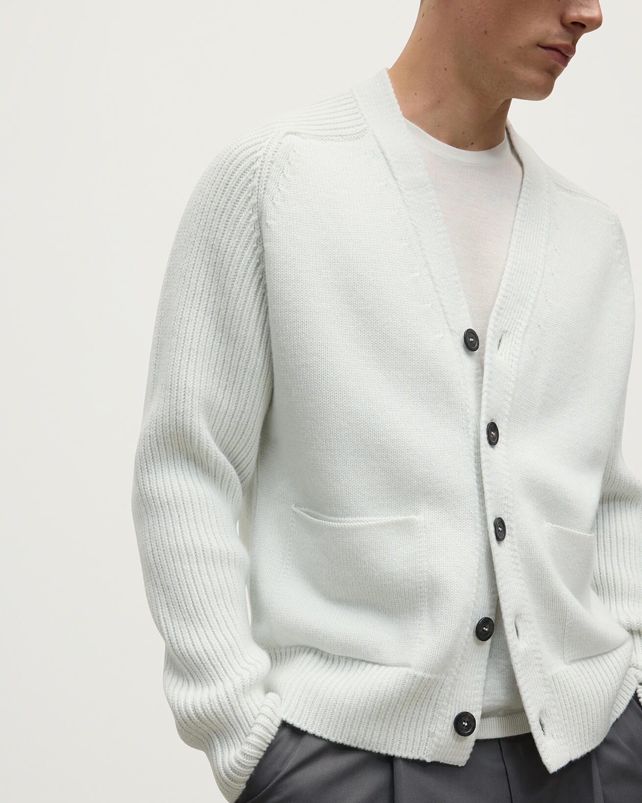 Ribbed Cashmere White Cardigan - 5