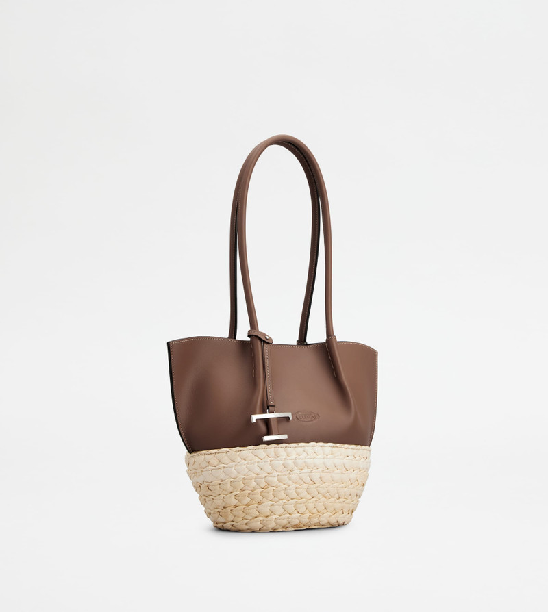 Tod's SHOPPING BAG IN STRAW AND LEATHER SMALL - BROWN, NATURAL outlook