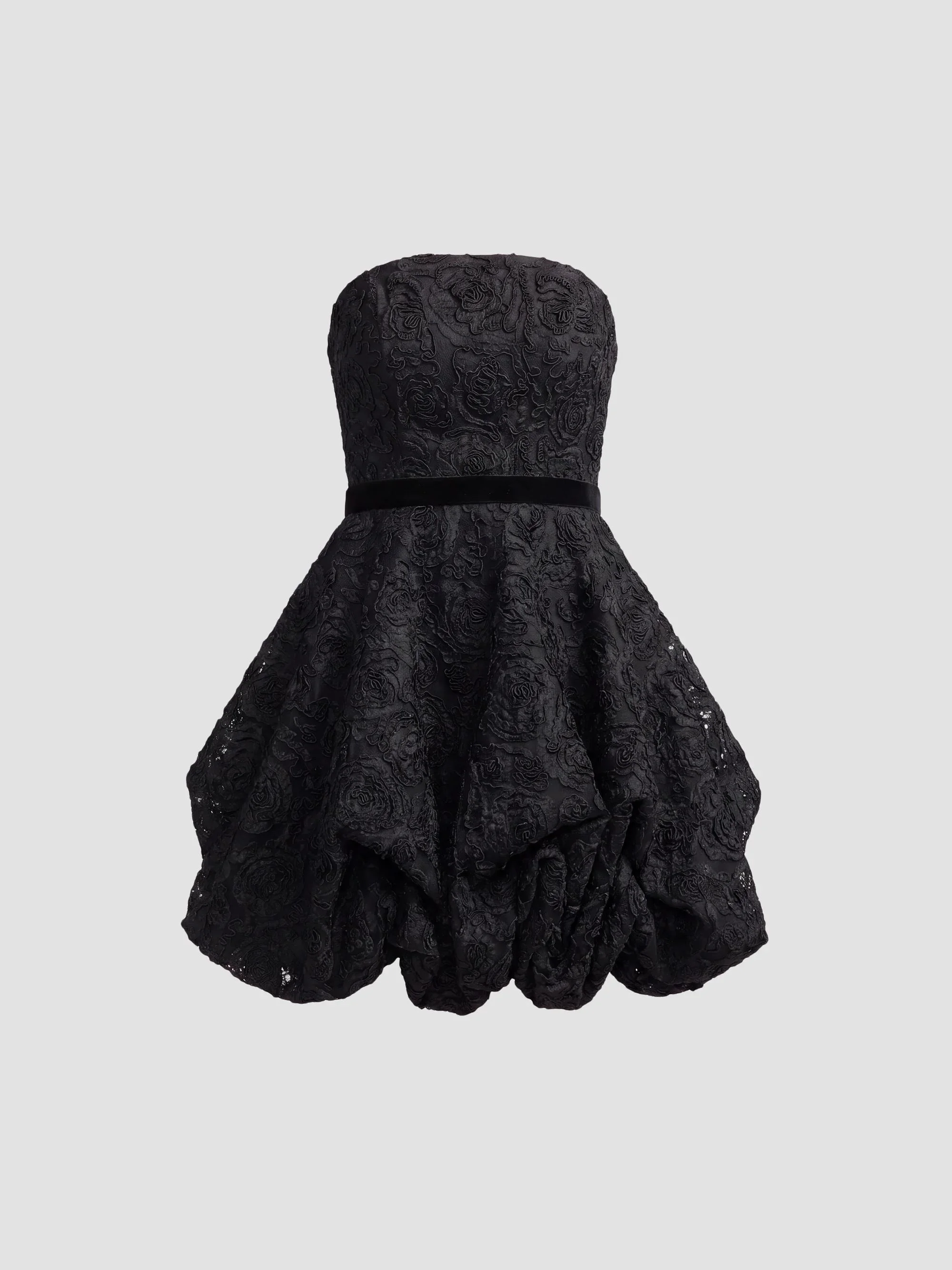 Women's Floral Lace Strapless Bubble Mini Dress - Black - 1
