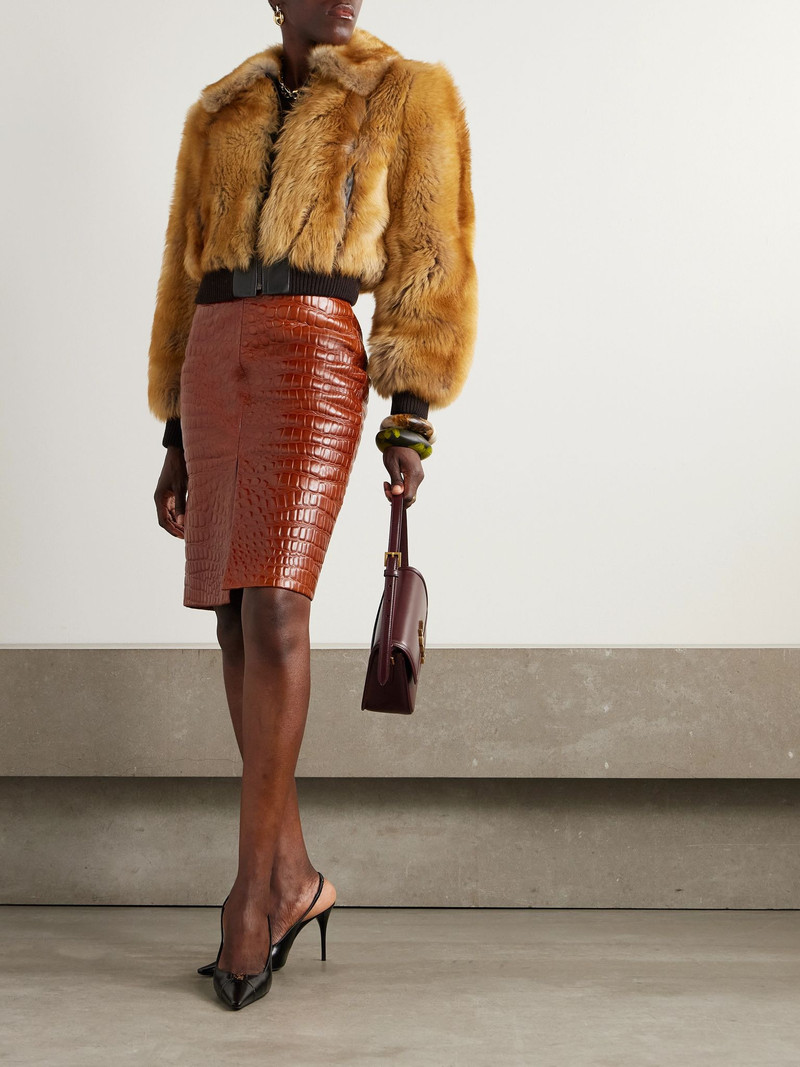 SAINT LAURENT Leather-trimmed shearling bomber jacket Brown outlook