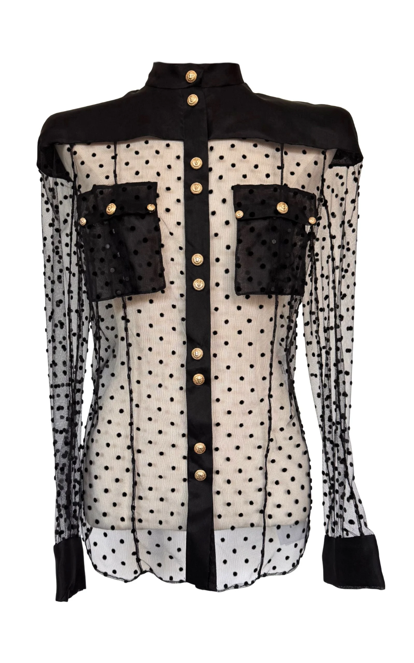 Long Sleeve Black Polka Dot Silk Shirt with Gold Buttons - 1