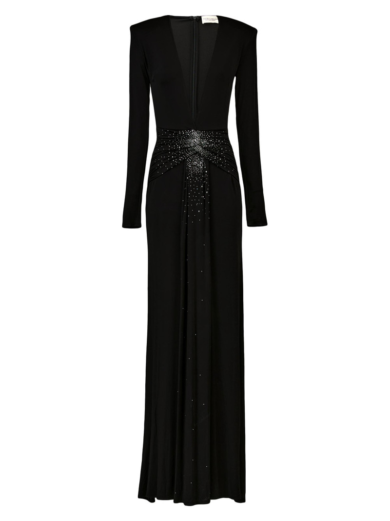 Women's Azure Rhinestone Plunging V-neck Jersey Gown - Magie Noire 1
