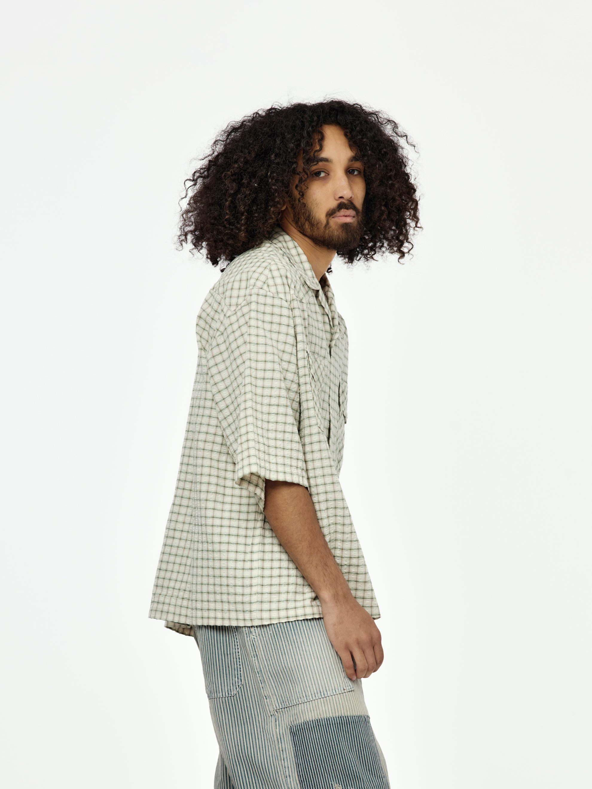 COTTON LINEN SEERSUCKER CHECK OPEN-COLLAR WESTERN BIG SHIRT - 2