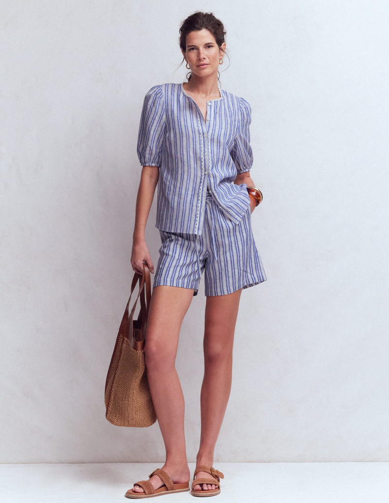 BODEN Islington Linen Shorts-Bright blue Stripe outlook