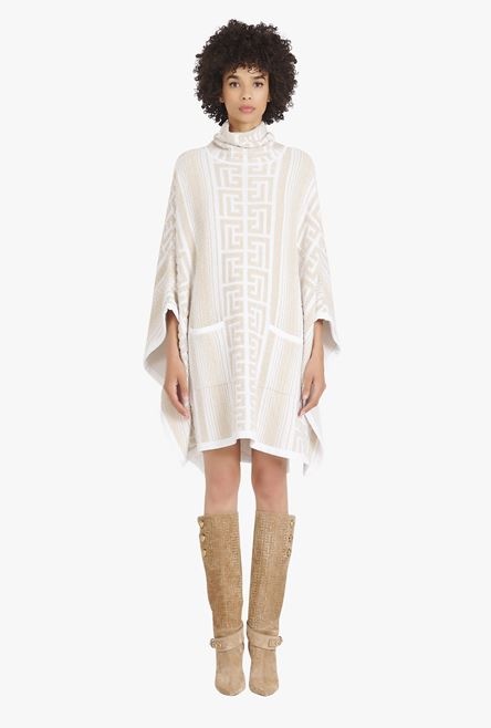 Sand-colored and white knit poncho with Balmain monogram - 4