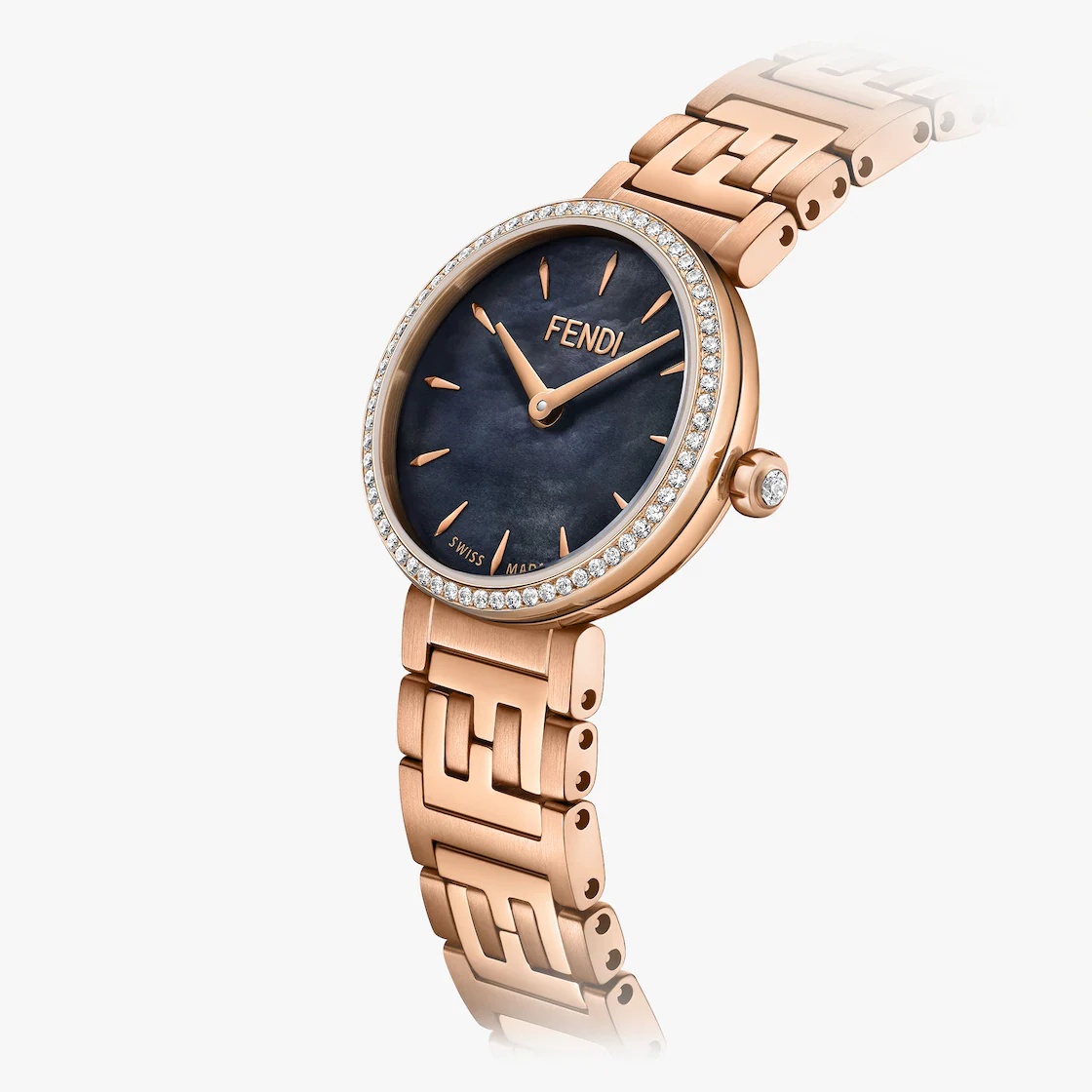 Polished and brushed rose-gold-colored stainless steel case, bezel set with 64 diamonds, approx. 0.1 - 3