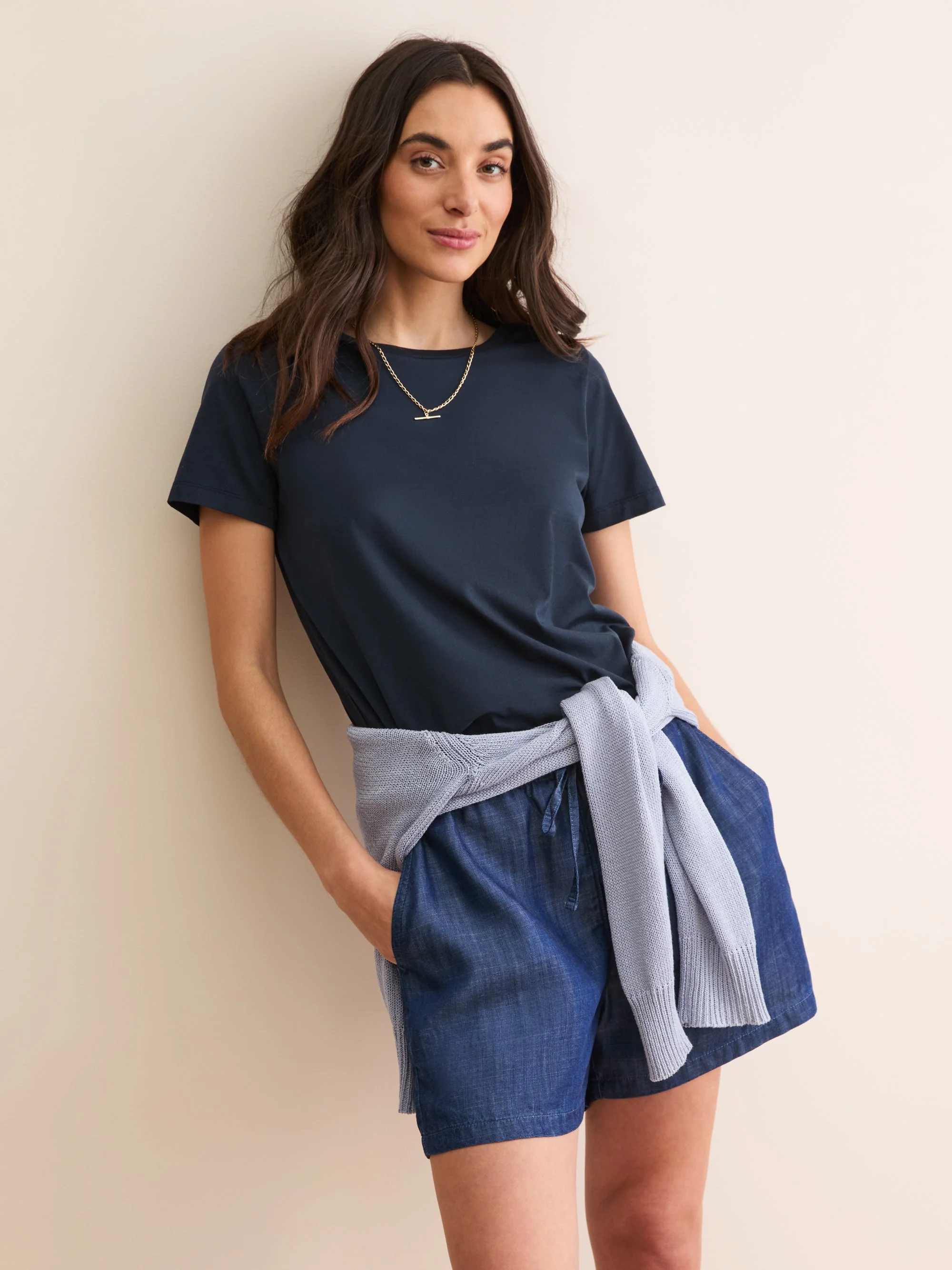 Women's Crew Neck T-Shirt Cotton Navy Blue - 1
