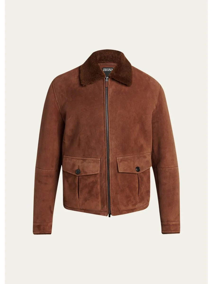 Men's Suede Short Shearling-Collar Aviator Jacket - 1