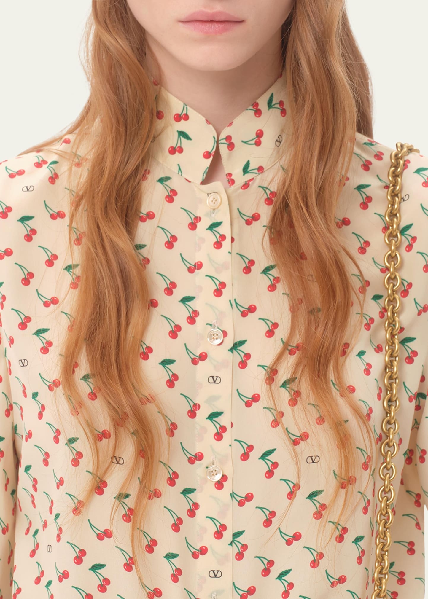 Cherry Print Crepe De Chine Button-Down Blouse - 5