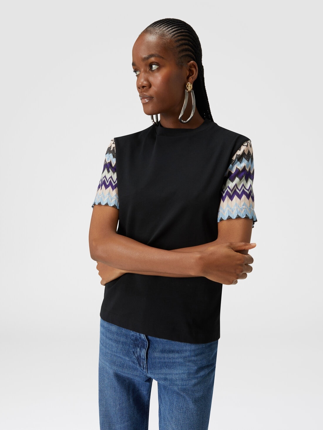 Cotton jersey T-shirt with zig zag knit sleeves - 4