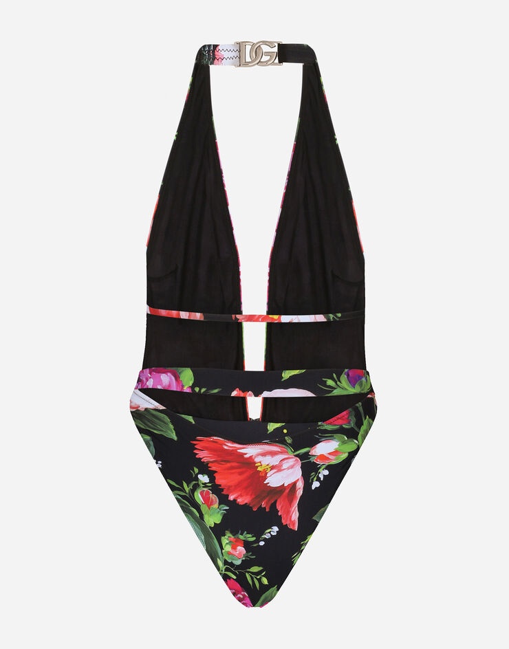 Belted floral-print swimsuit with plunging neckline - 3