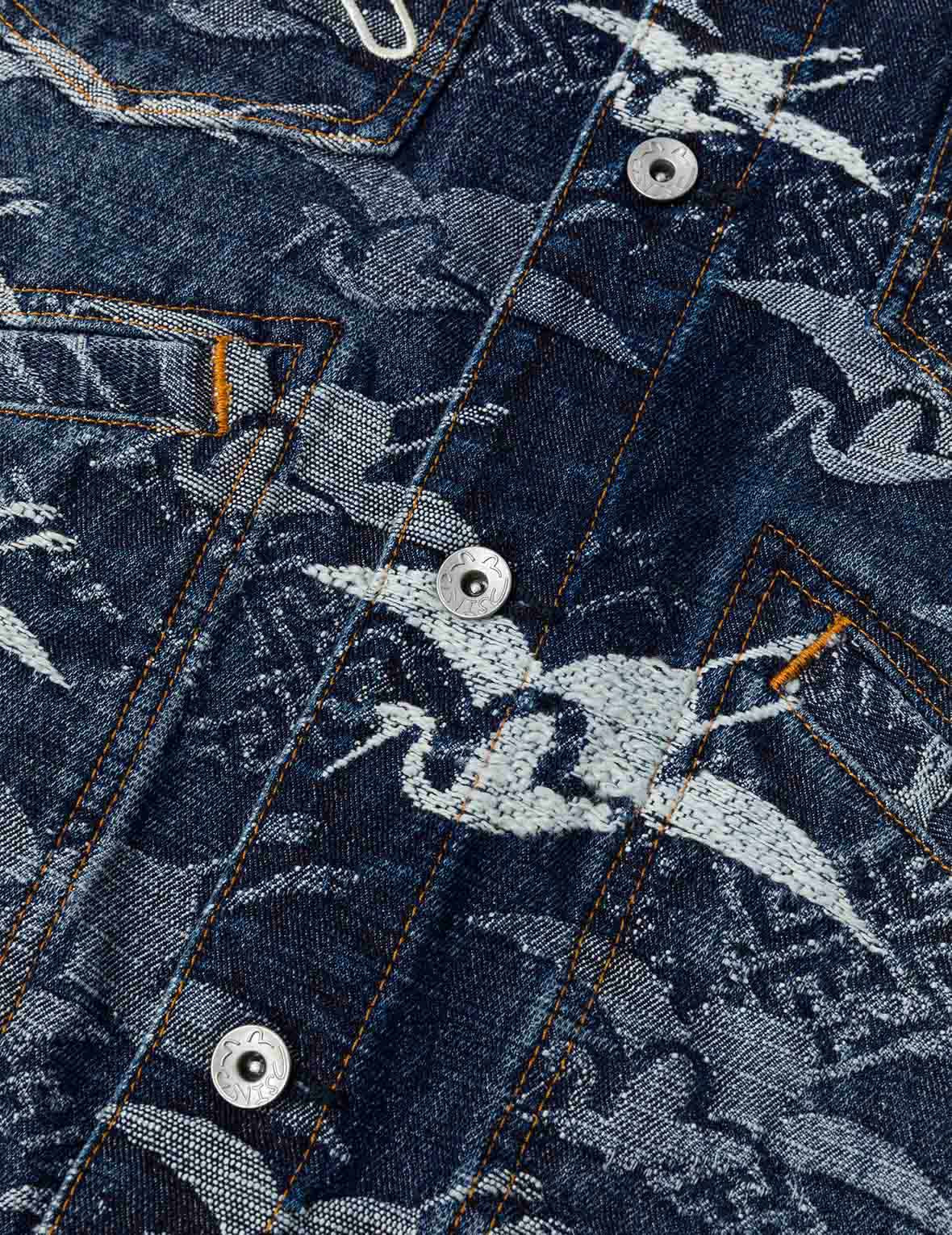 Allover Seagull Cranes Jacquard Loose Fit Denim Jacket - 12