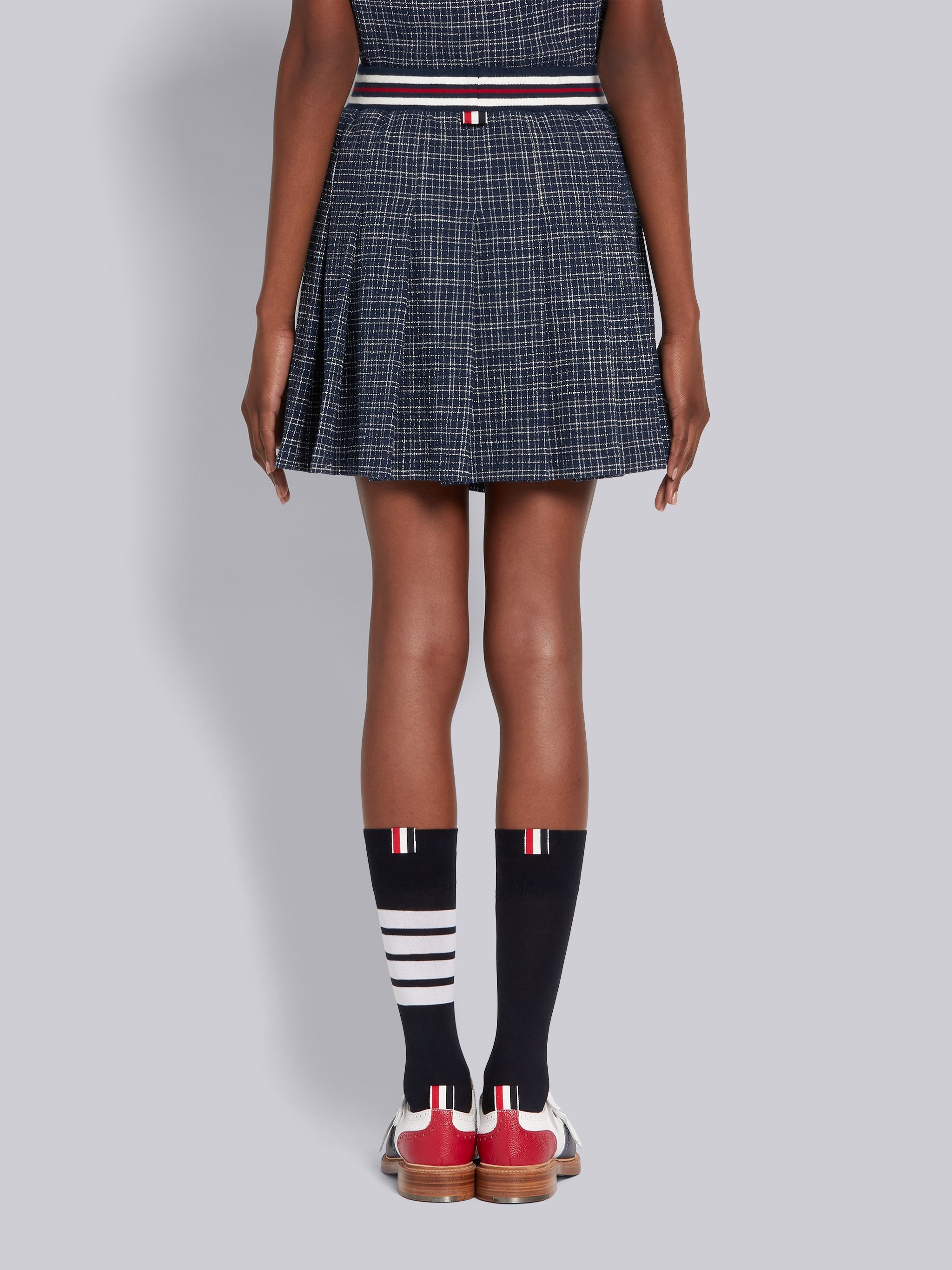 Navy Textured Cotton Tweed Small Hairline Check Mini Skirt - 3