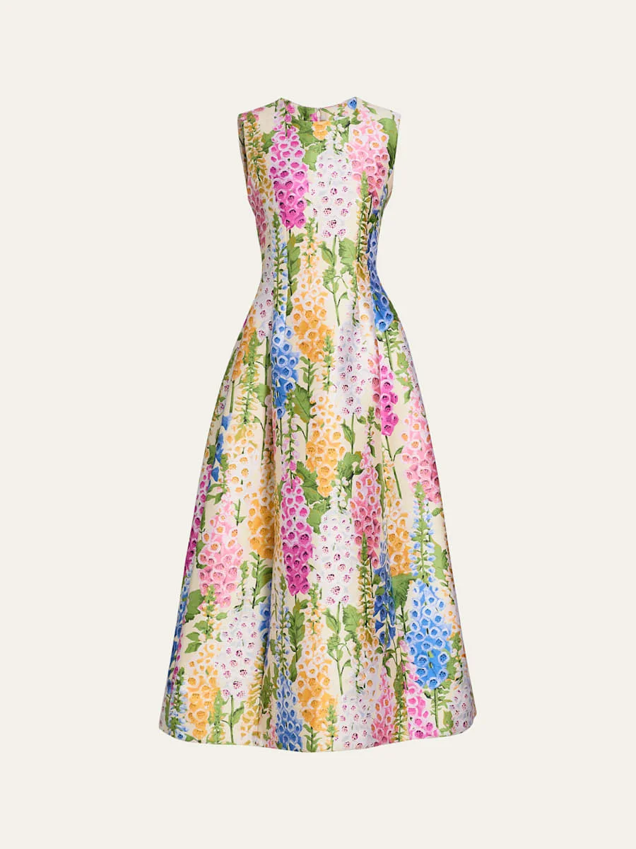 Sleeveless Multi Floral Jacquard Tea-Length Dress - 1