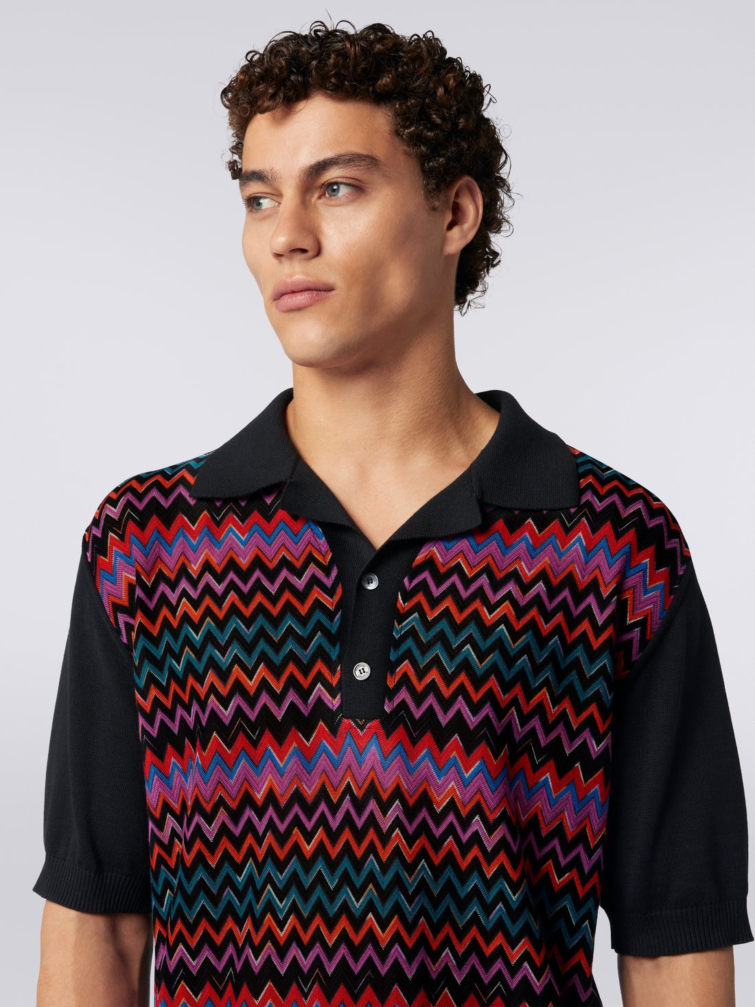 Short-sleeved polo shirt in cotton, viscose and silk chevron - 5