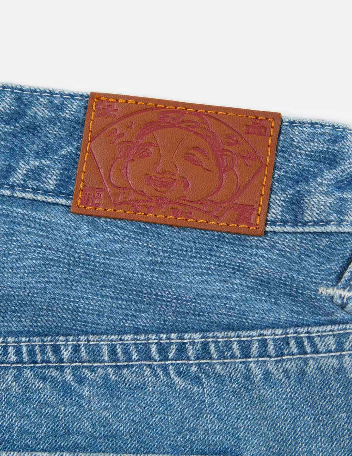 SEAGULL AND SLOGAN PRINT TIE-DYED DENIM SHORTS - 12