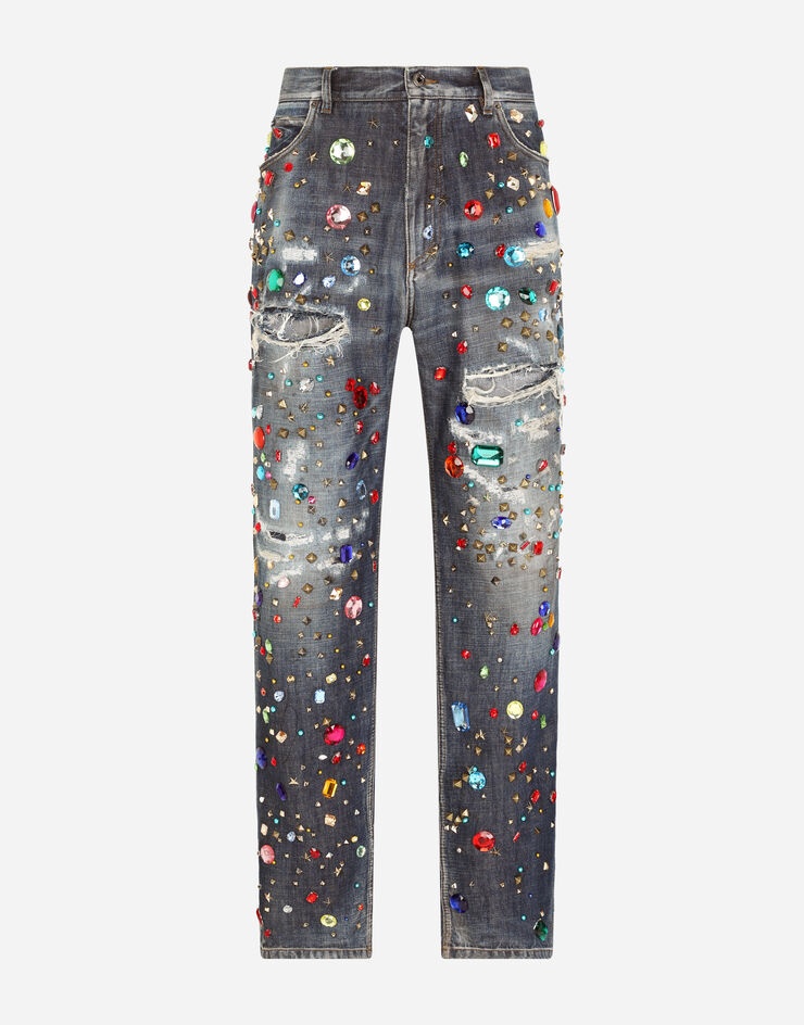 Oversize jeans with crystals, rips and studs - 1