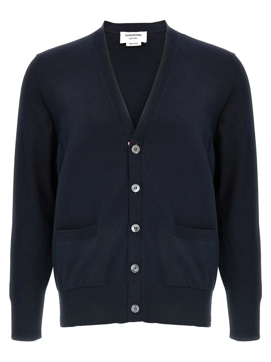 Thom Browne Blue V-Neck Cardigan With 4-Bar Detail In Cotton Man - 1