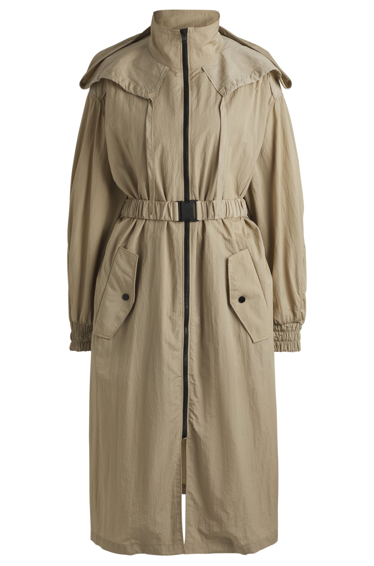 LONG-LENGTH BELTED PARKA JACKET IN SEERSUCKER FABRIC - 1