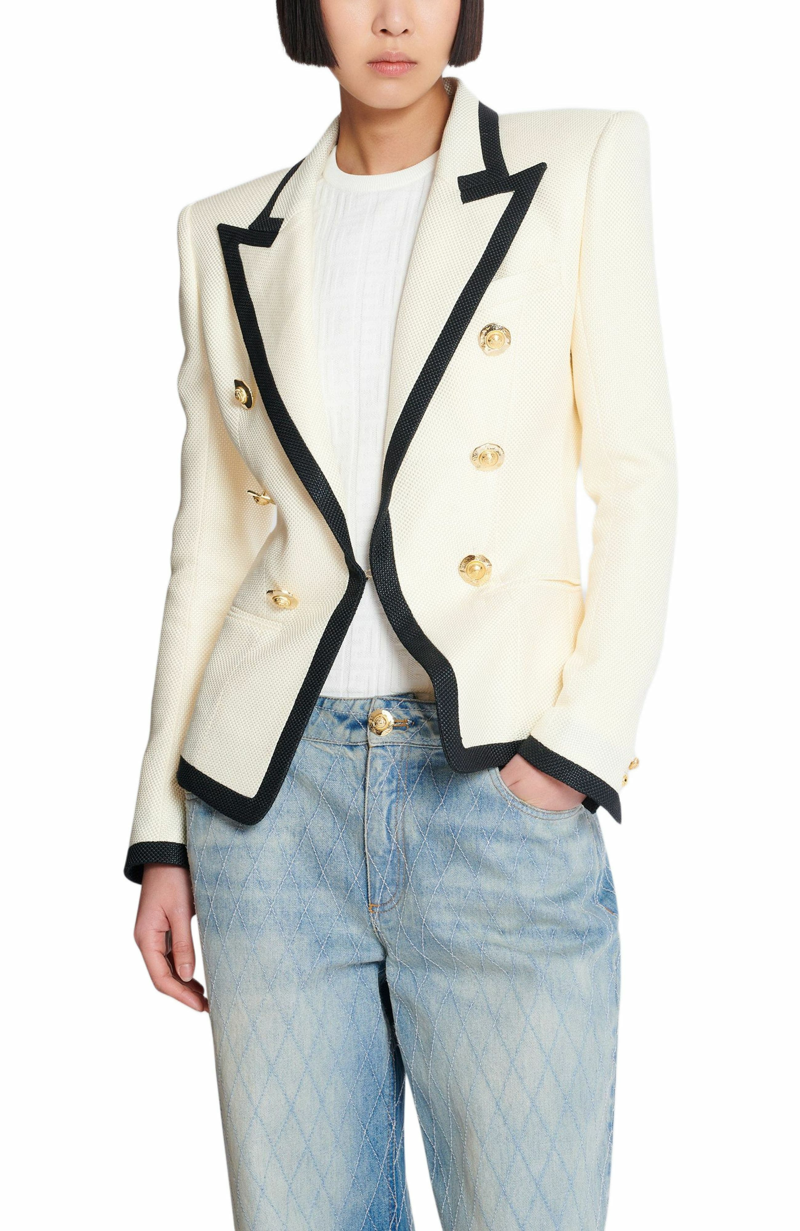 Balmain Fitted Two-Tone Basketweave Jacket in Beige at Nordstrom - 6