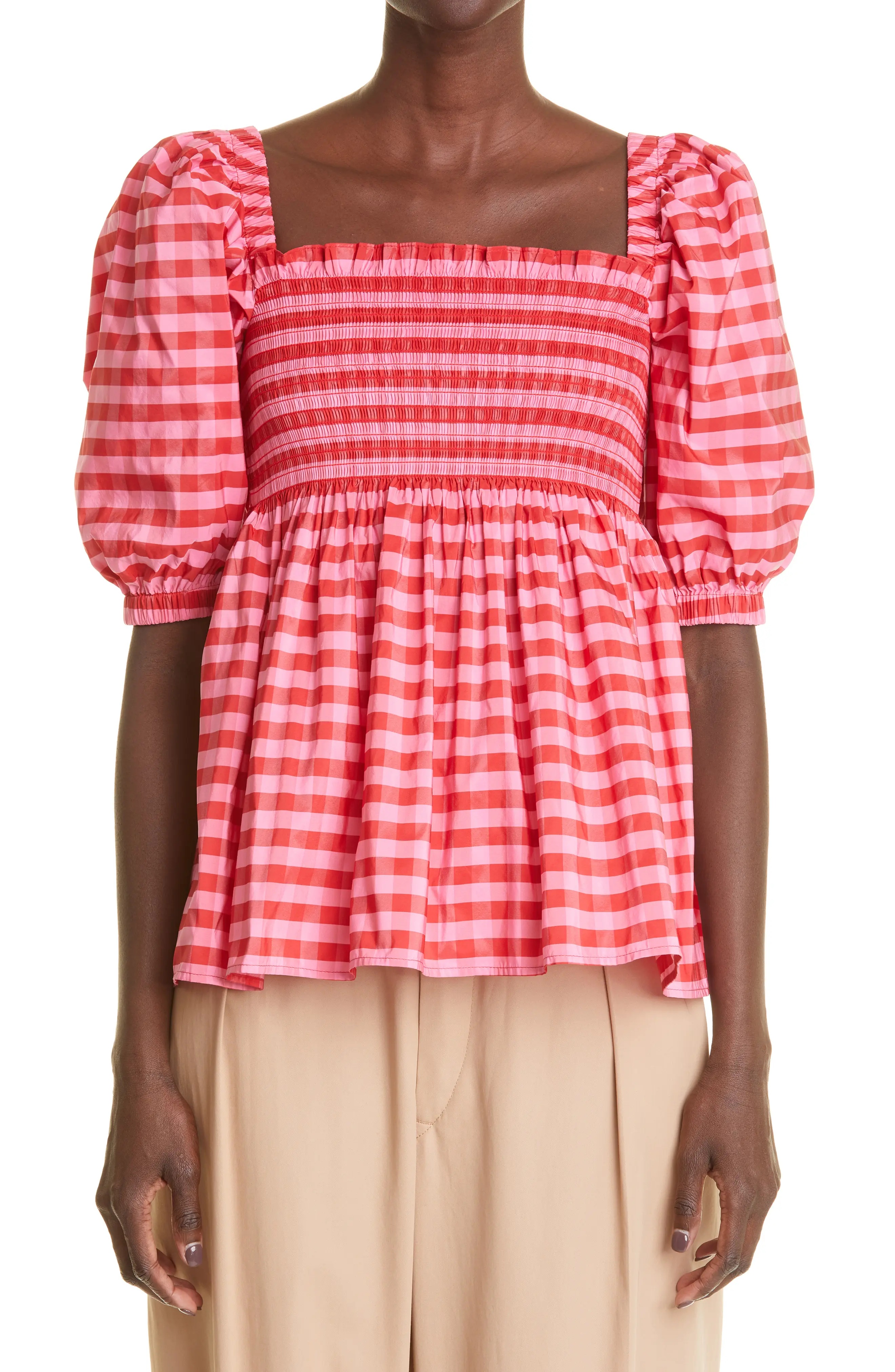 Women's Axel Gingham Smocked Taffeta Top in Pink/Red - 1