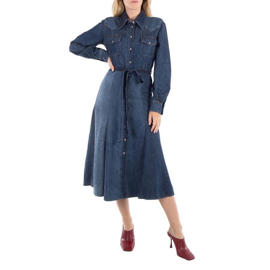 Chloe Ladies Multicolor Blue Belted Denim Shirtdress - 4
