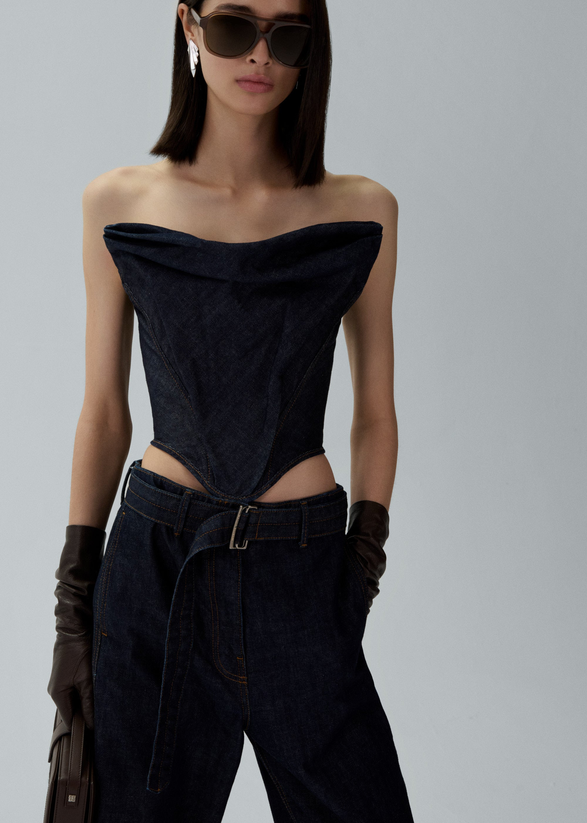 Draped strapless denim corset in navy - 3