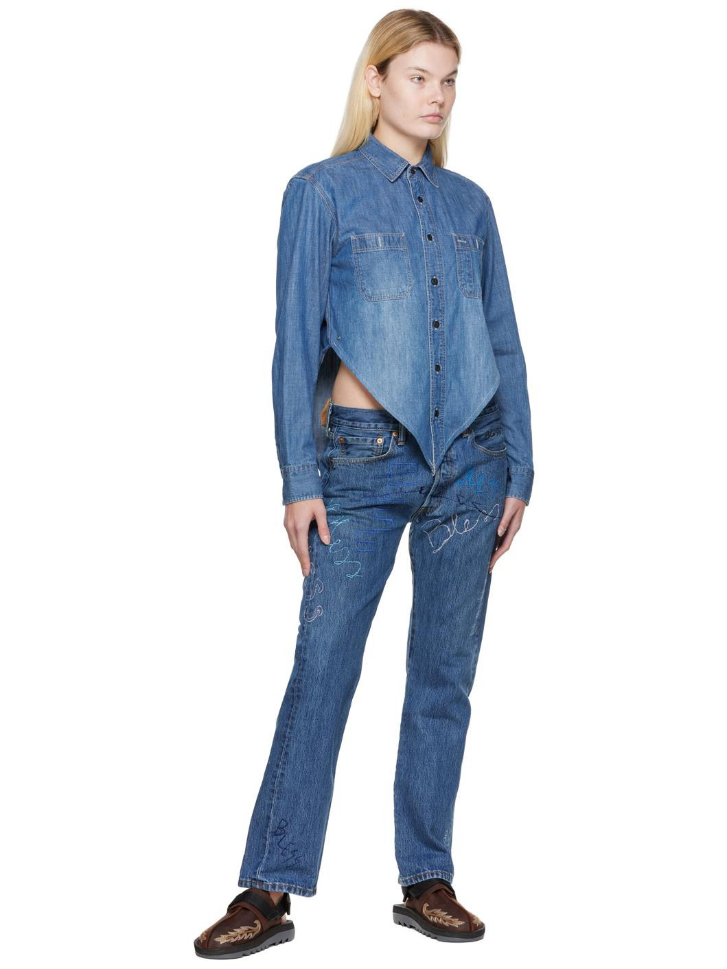 Blue Embroidered Jeans - 4