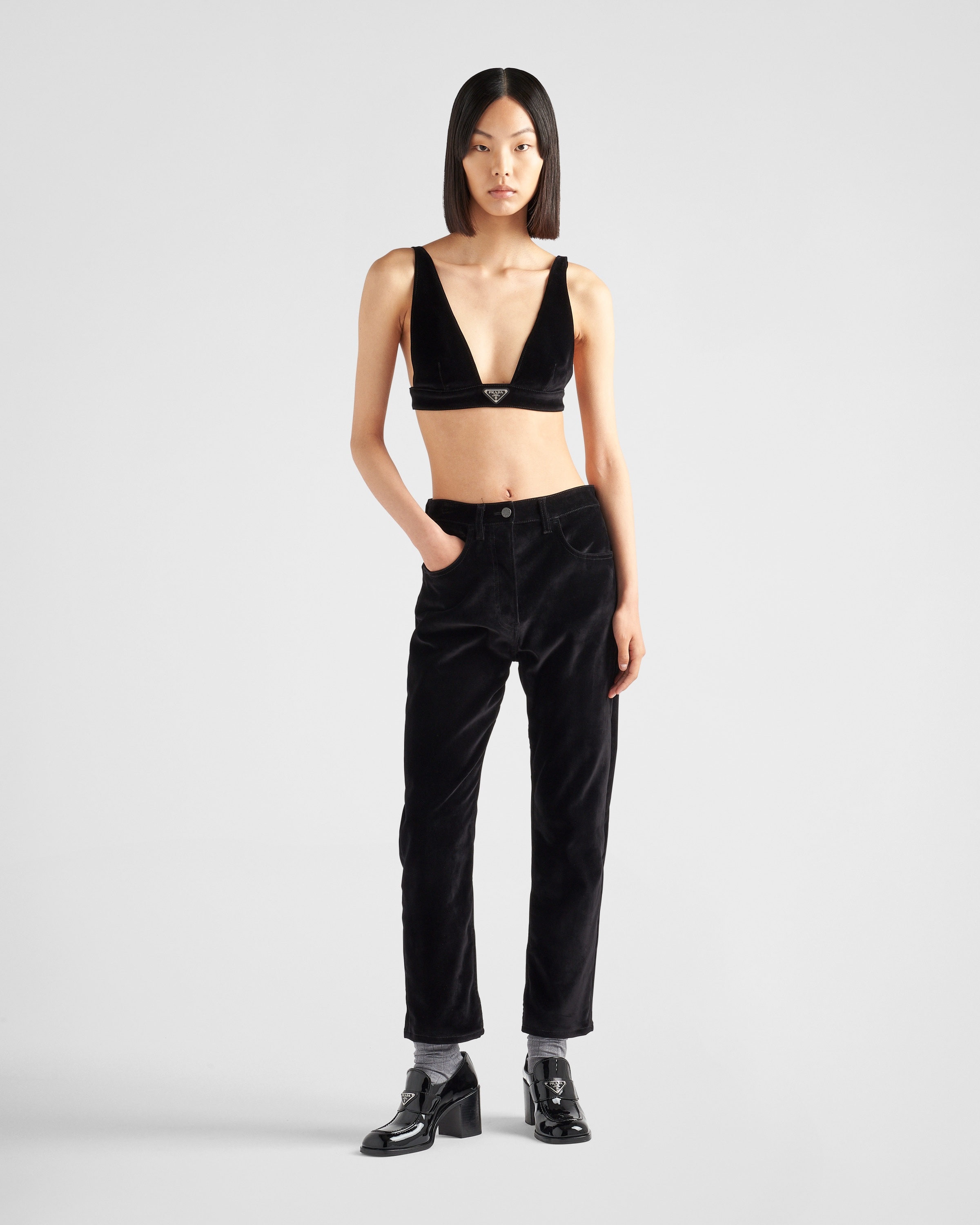 enamel triangle logo denim bralette, Prada