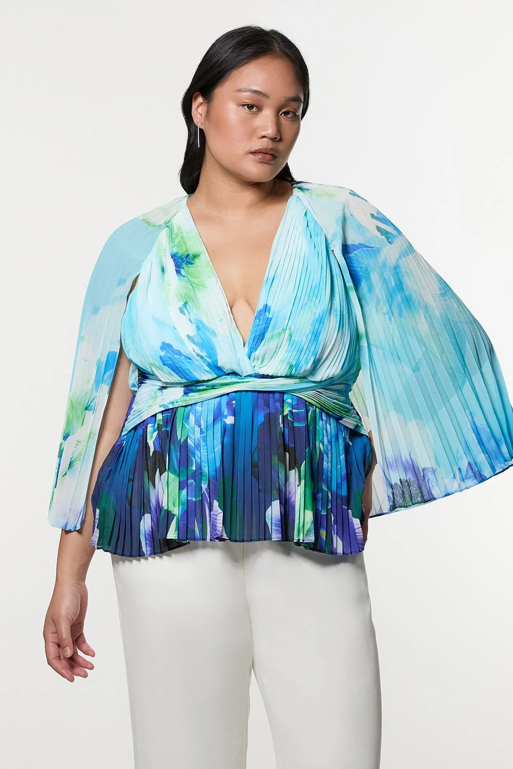 Plus Size Ombre Floral Soft Pleated Woven Blouse With Cape - 1