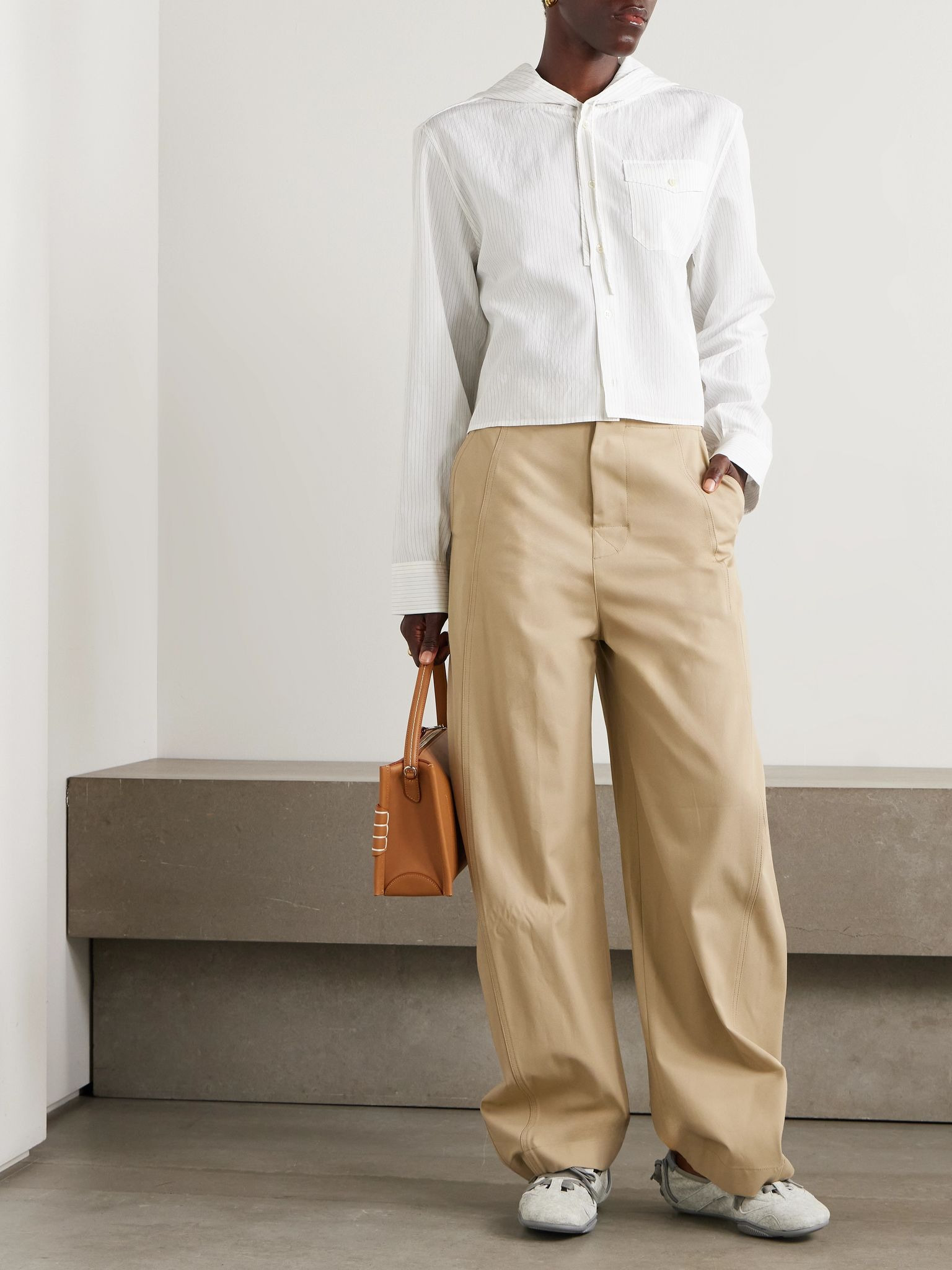 Cropped hooded pinstriped poplin shirt Off-white - 2