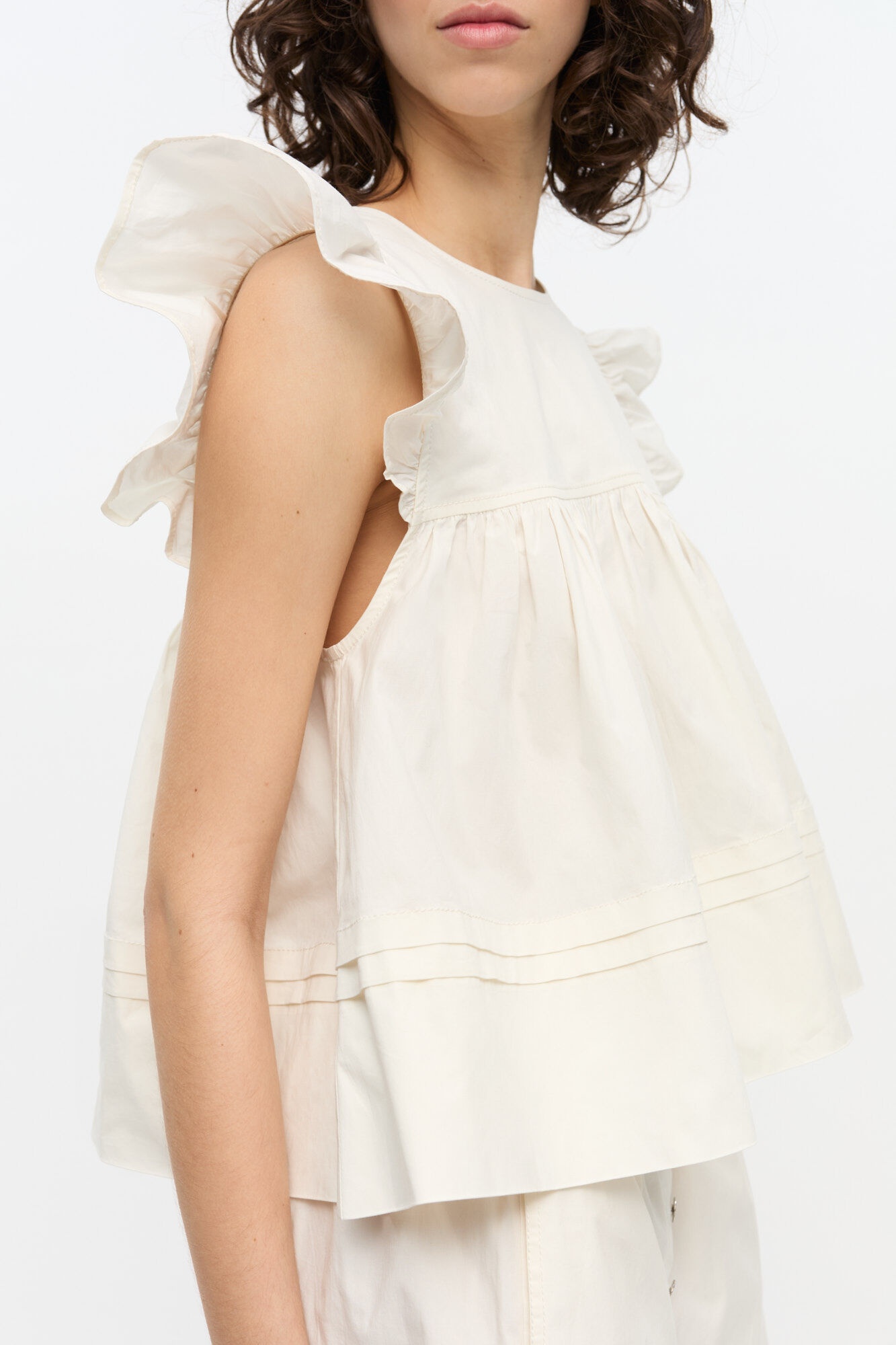 WHITE STRETCH COTTON FRILL SLEEVE TOP - 5