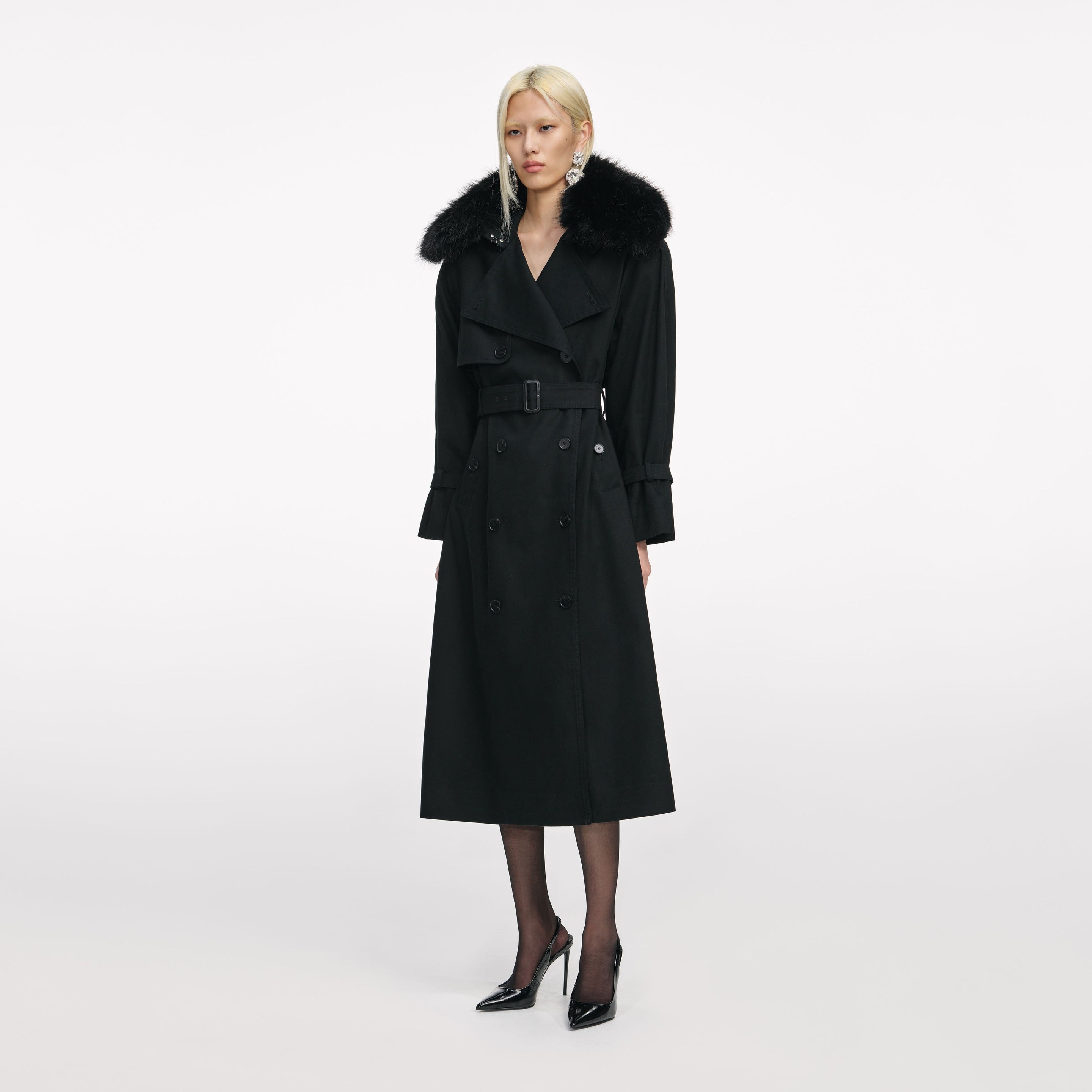 Black Twill Fur Collar Trench Coat - 2