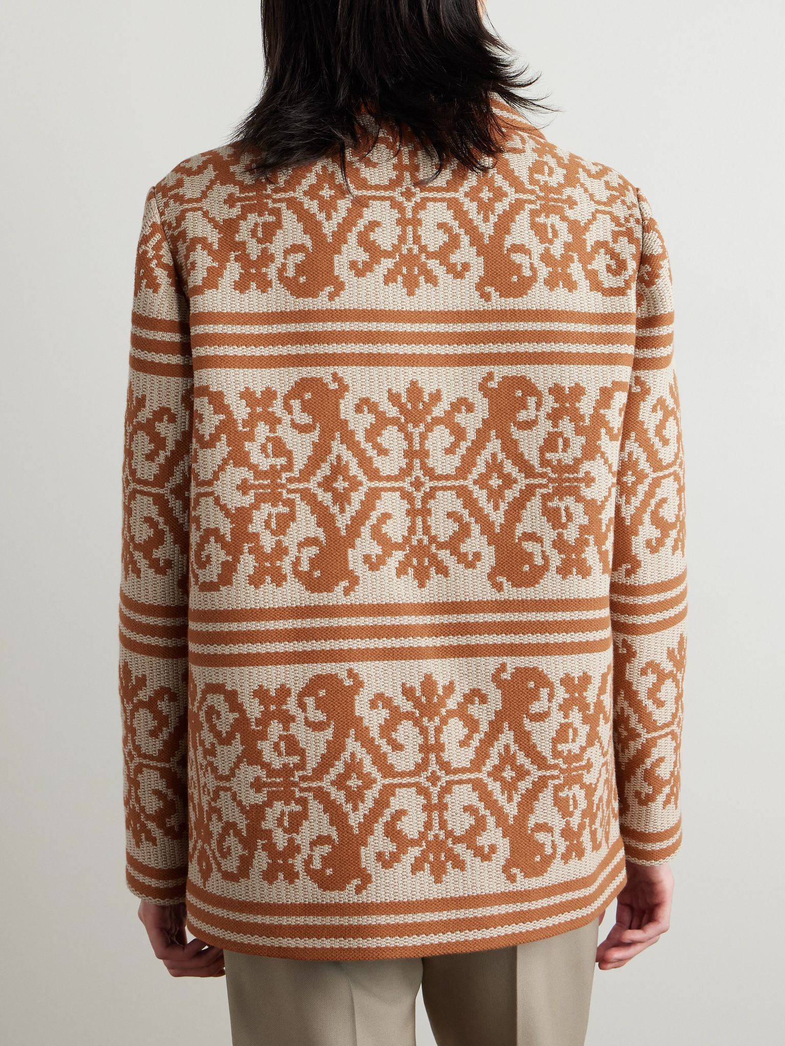 Shawl-Collar Cotton and Linen-Blend Jacquard Cardigan Brown - 3