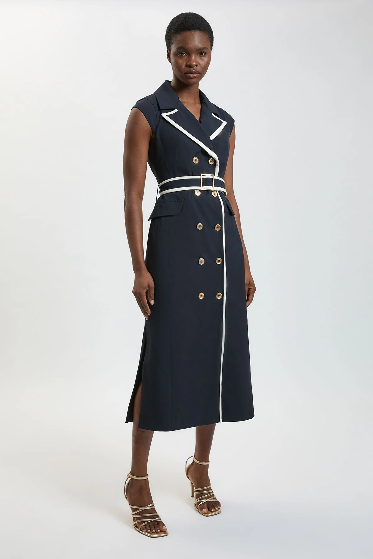 Compact Stretch Double Breasted Belted Tipped Tailored Midi Dress - 1