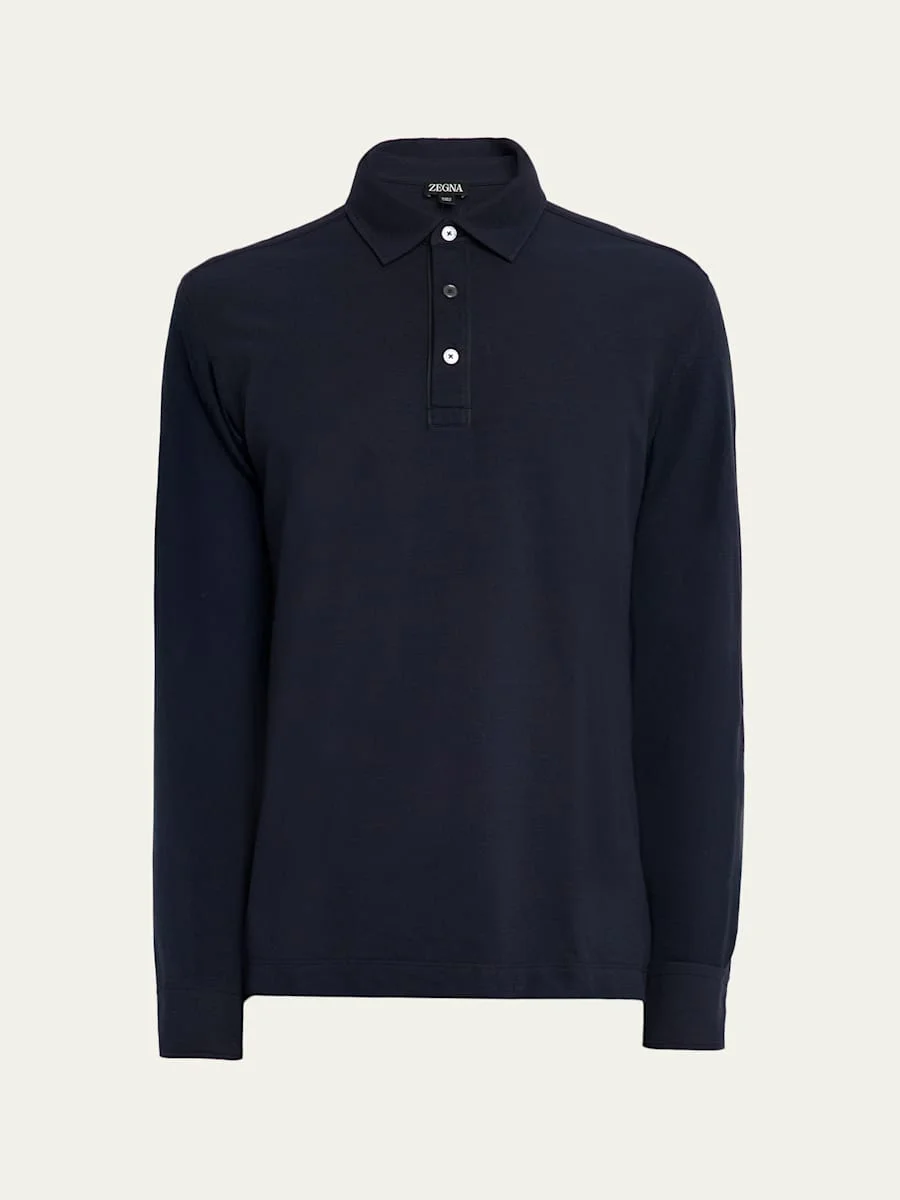 Men's Leather-Trim Cotton Long-Sleeve Polo Shirt - 1