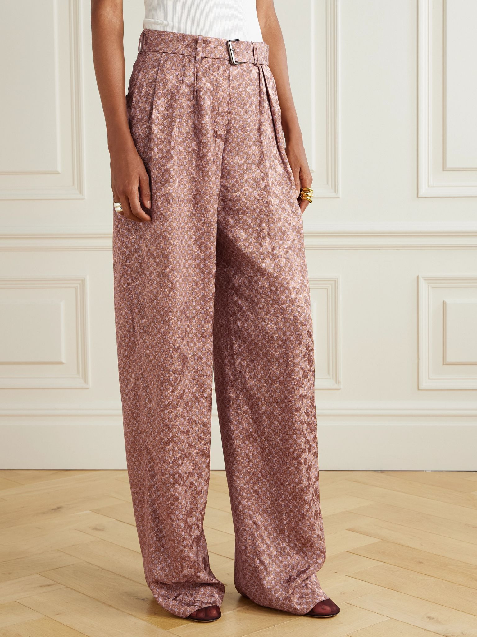 Belted pleated printed satin-jacquard wide-leg pants Peach - 3