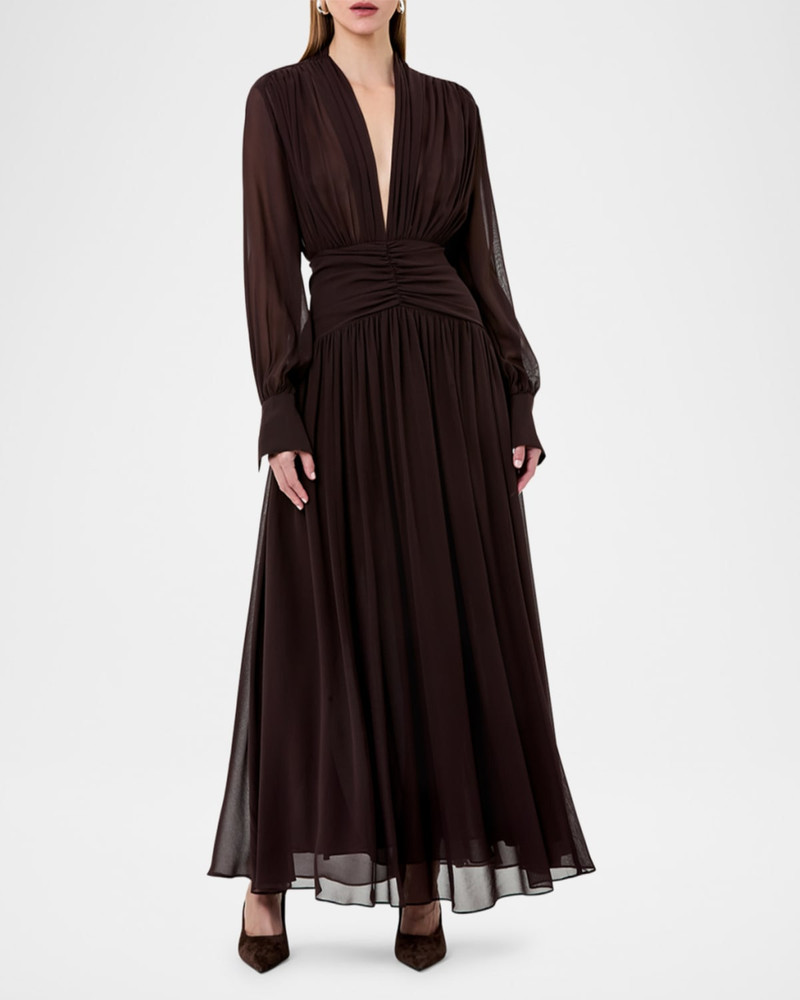 NICHOLAS Jocelyn Ruched Deep V-Neck Gown outlook