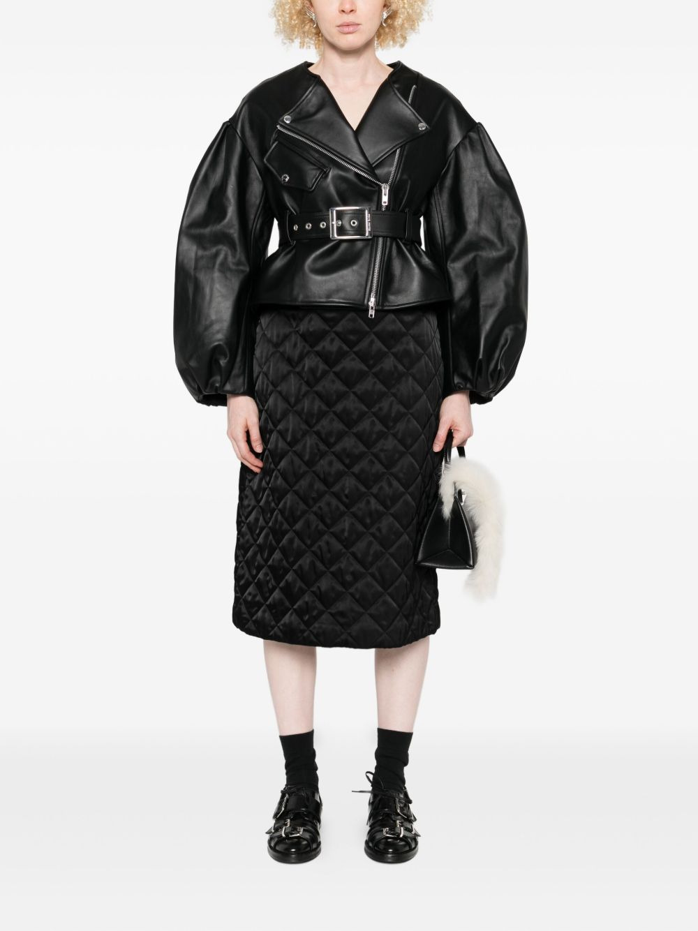 belted puff-sleeve leather jacket - 2