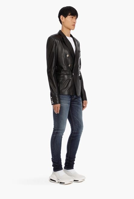 Black leather blazer with double-breasted buttoned fastening - 6