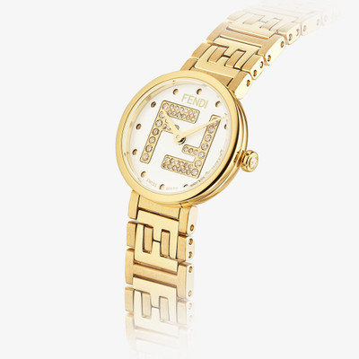 FENDI 19 mm round case and bezel in shiny stainless steel and brushed gold-colored bezel. Crown with 1 ins outlook