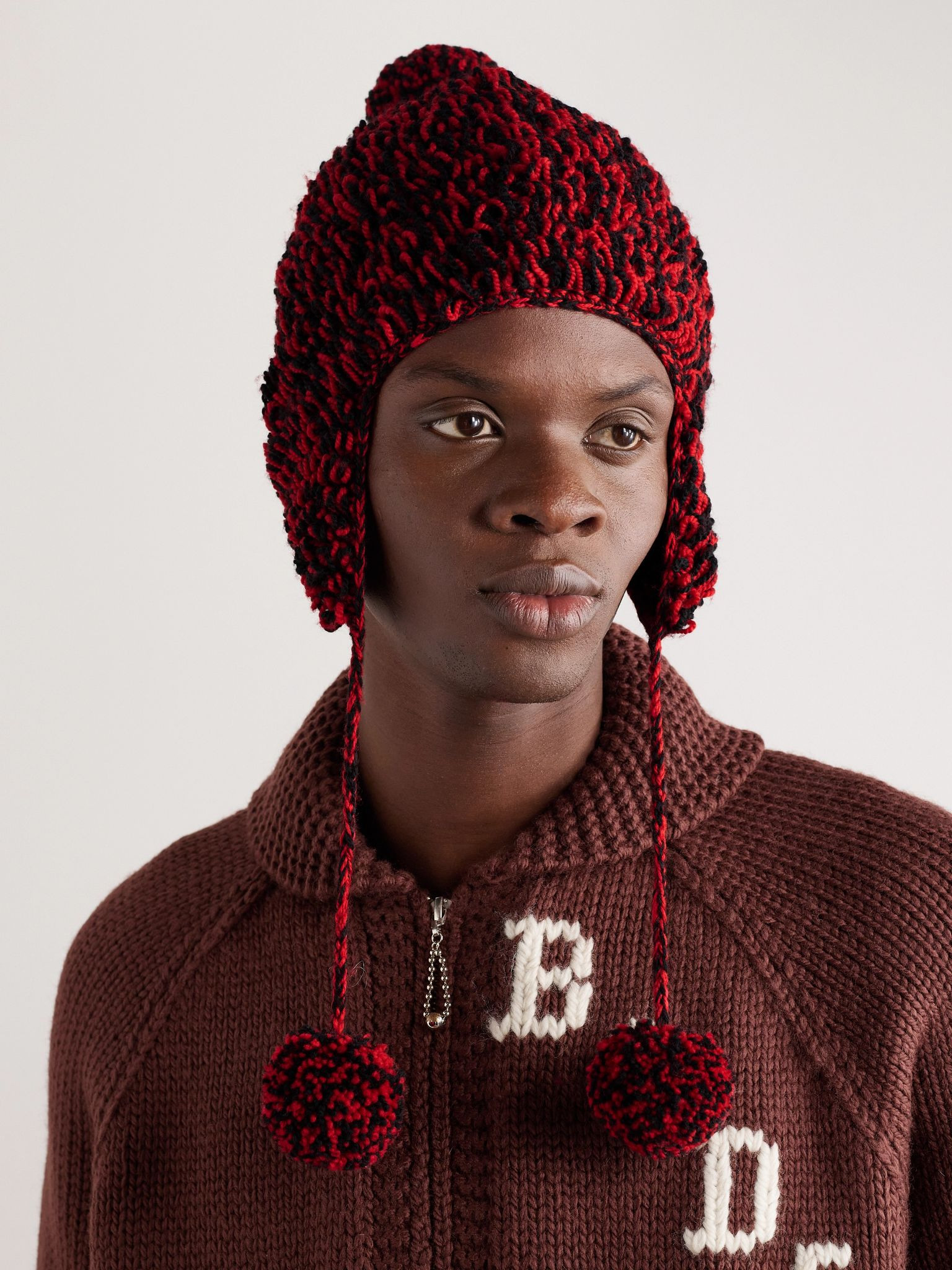 Pompom-Detailed Crocheted Merino Wool Hat Red - 2
