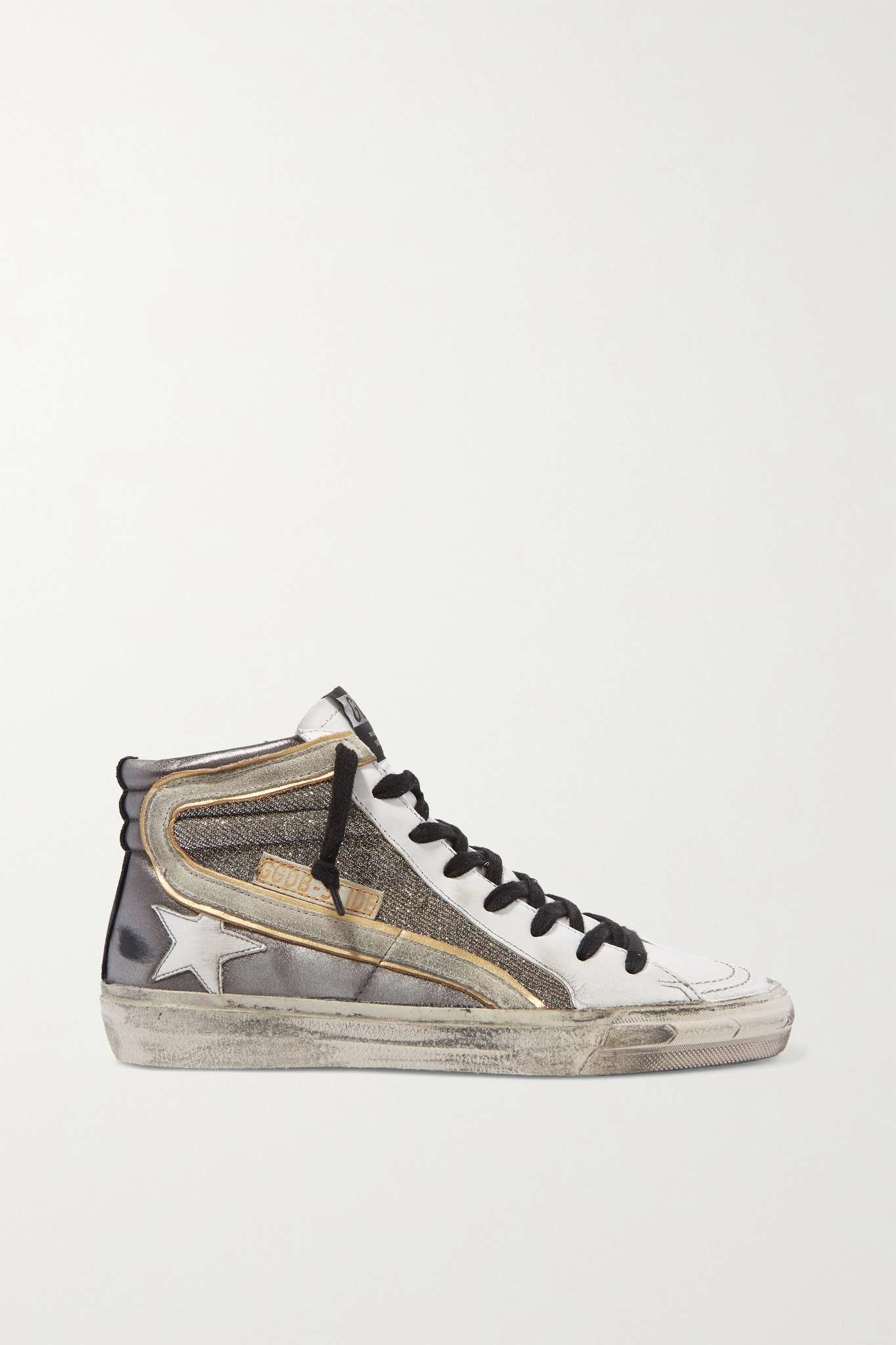 Slide distressed suede-trimmed leather and Lurex high-top sneakers - 1