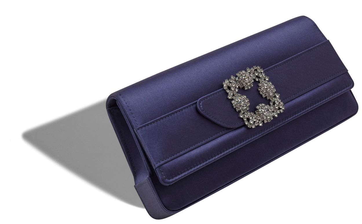 Navy Blue Satin Jewel Buckle Clutch - 2