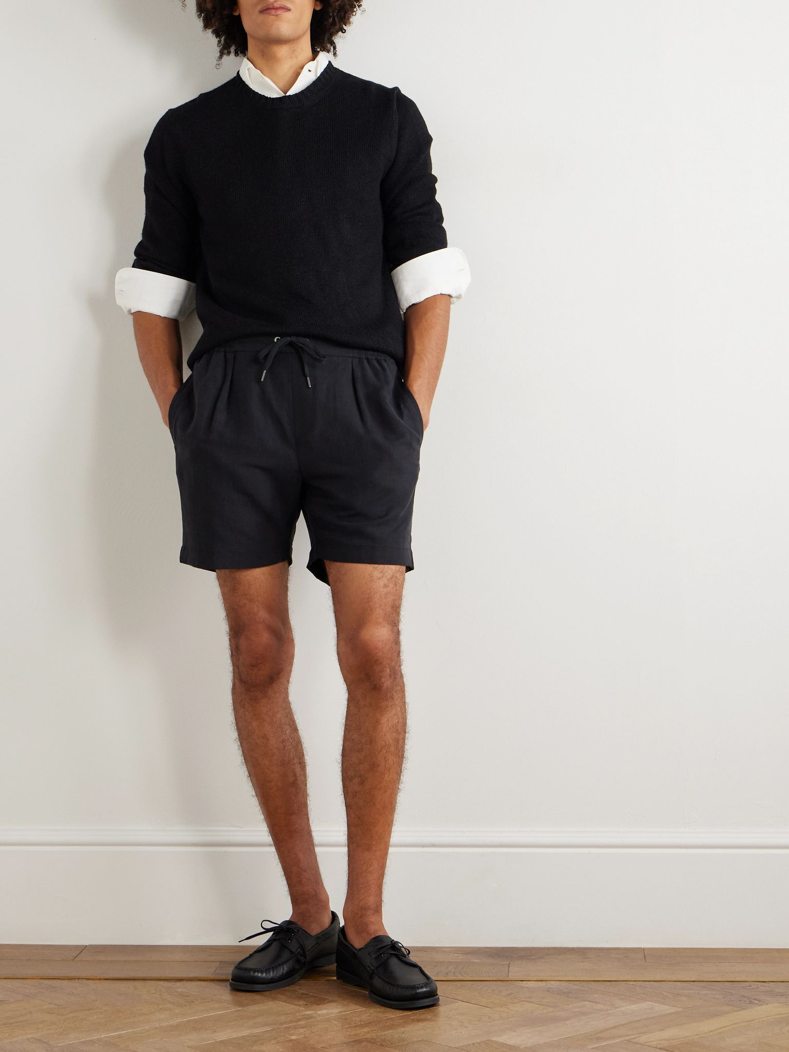 Dorest Straight-Leg Pleated Silk and Linen-Blend Drawstring Shorts Black - 2