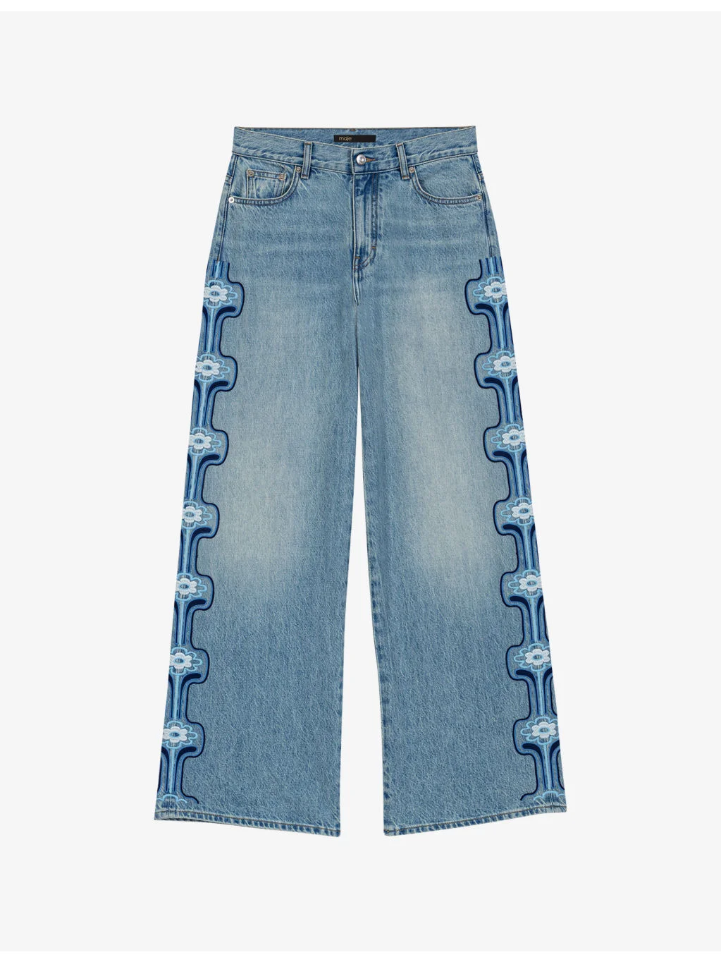 Floral-Embroidered Wide-Leg Denim Jeans - 1