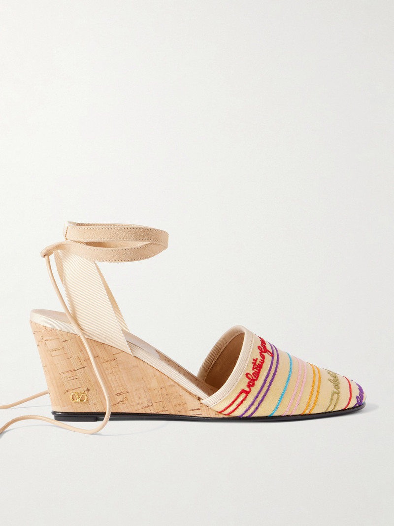 La Cruisette 75 Tasseled Embroidered Canvas Wedge Sandals 1