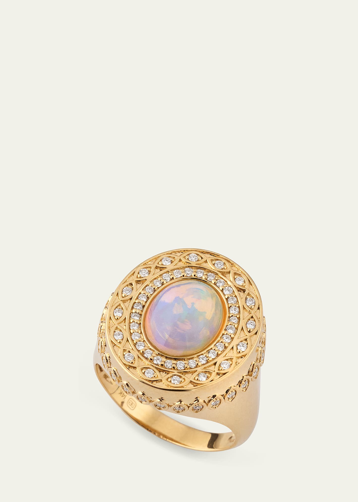 14K Yellow Gold Marquise Eye Opal Cabochon Signet Ring with Diamonds - 3