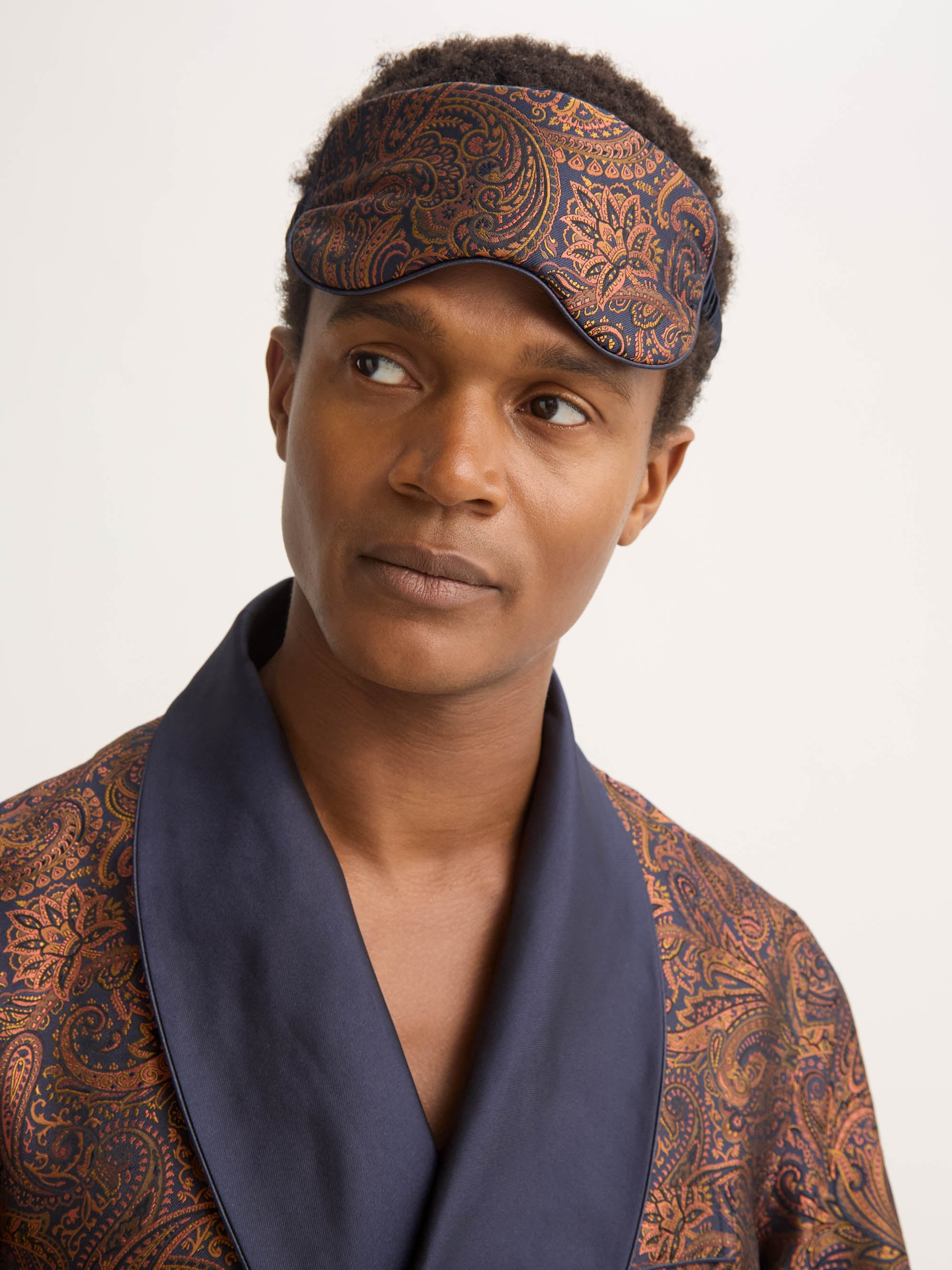 Silk Eye Mask Jacquard Navy Blue & Antique Gold Paisley Weave - 3