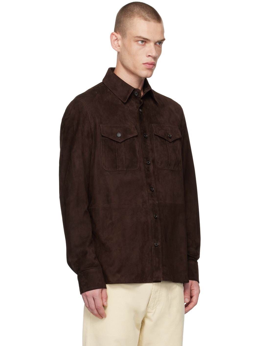 Brown Spread Collar Suede Jacket - 2